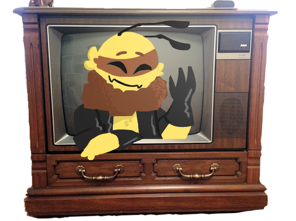 A picture of my sona (a bee) waving from the inside of an old fashion TV